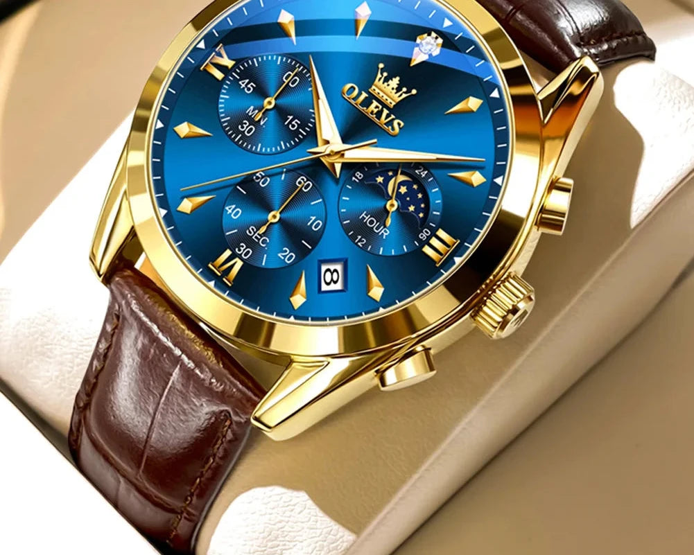 OLEVS メンズ クロノグラフ腕時計 | 本革ベルト | 防水30m | 発光クォーツ