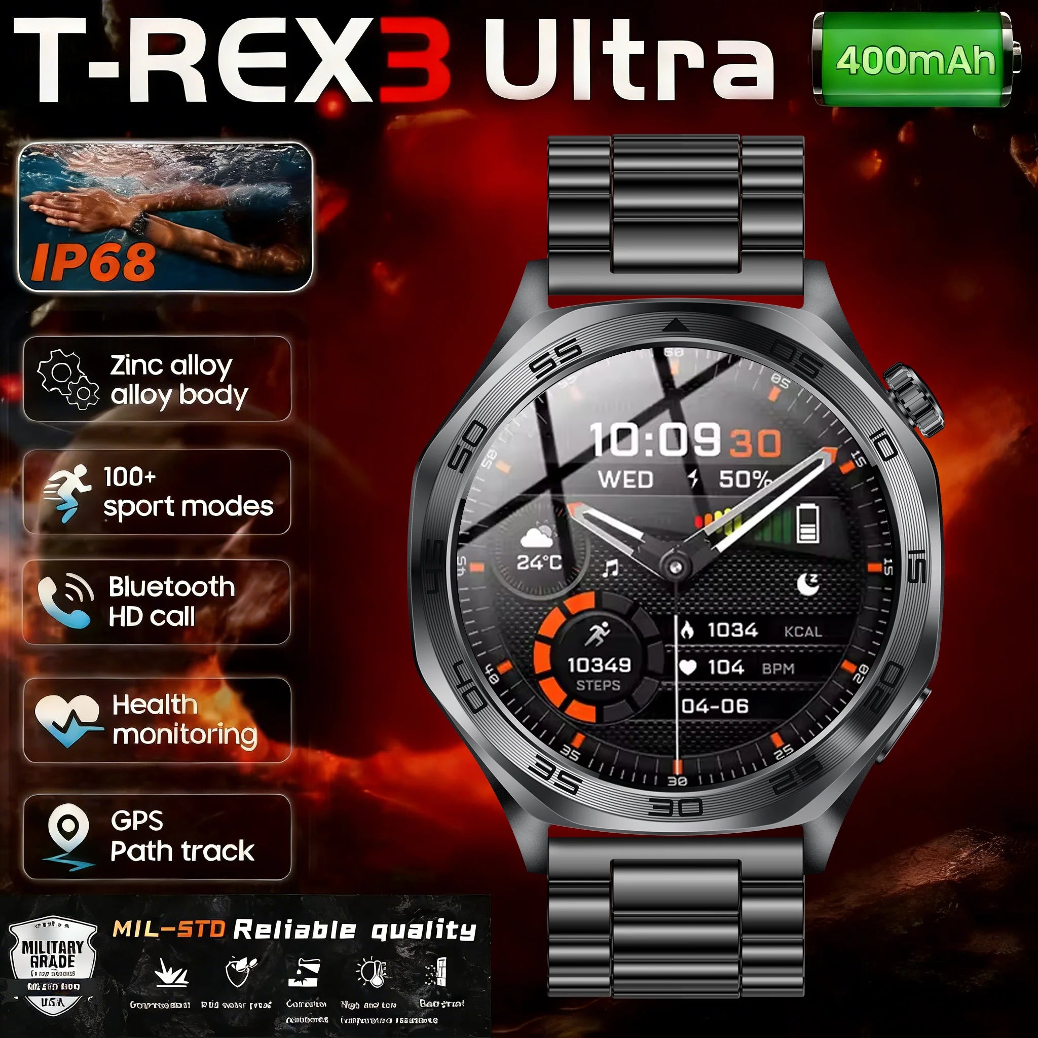 T-Rex3 スポーツスマートウォッチ | 防水30m | コンパス・高度計 | AMOLED | Bluetooth連絡